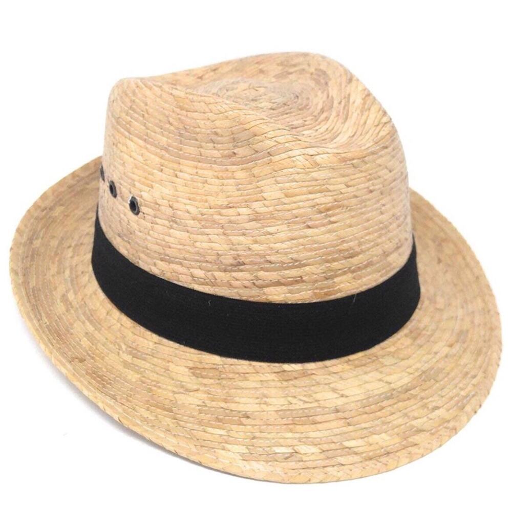 Mexican Palm Leaf Straw Wide Brim Fedora Hat, Black Hatband w/Grommets MEXIMART
